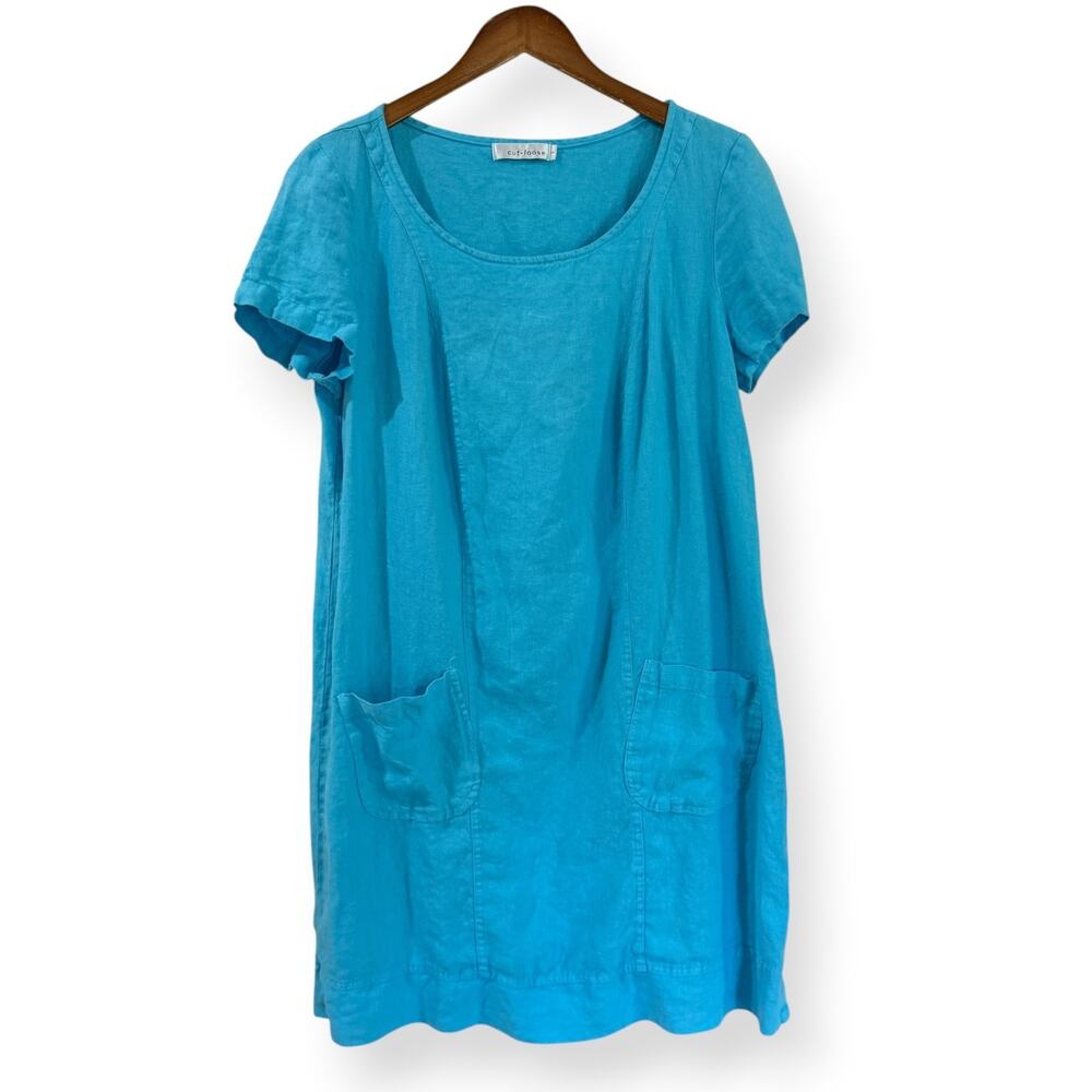 Cut Loose Turquoise Linen Shift Dress L Short Sleeve Patch Pockets Lagenlook USA